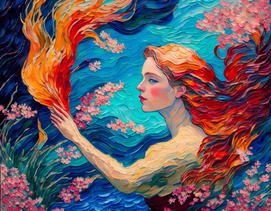 Fiery Red-Haired Woman Submerged in Water with Swirling Blue Patterns and Pink Blossoms