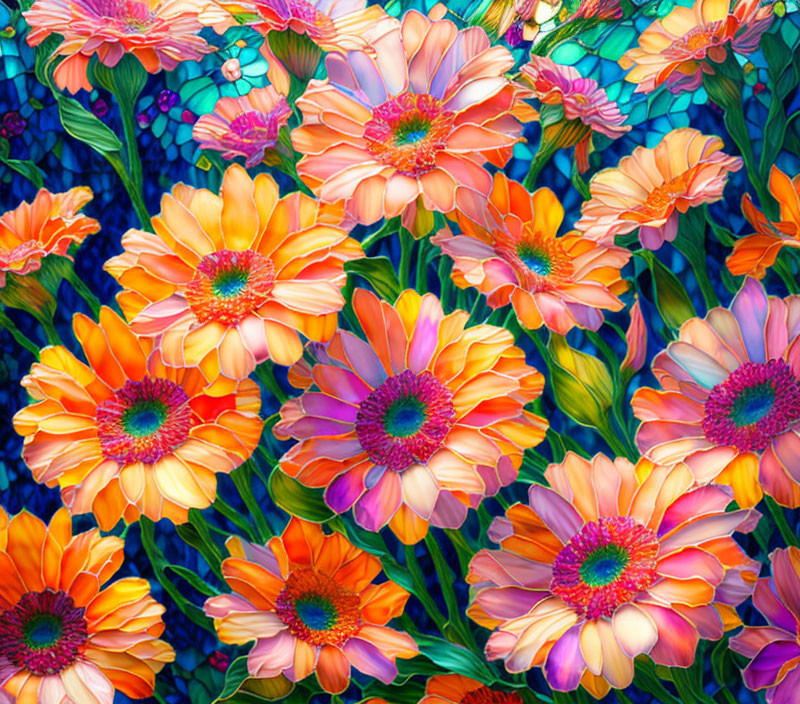 Colorful Gerbera Daisies in Orange, Pink, and Purple on Blue Mosaic Background