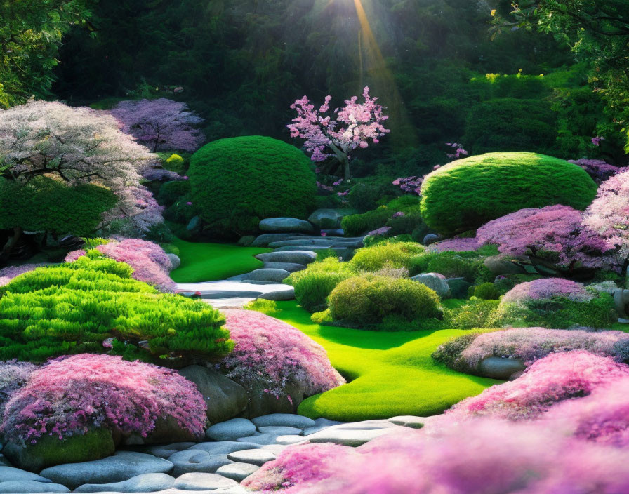 Tranquil garden with moss-covered stones and vibrant pink flowers