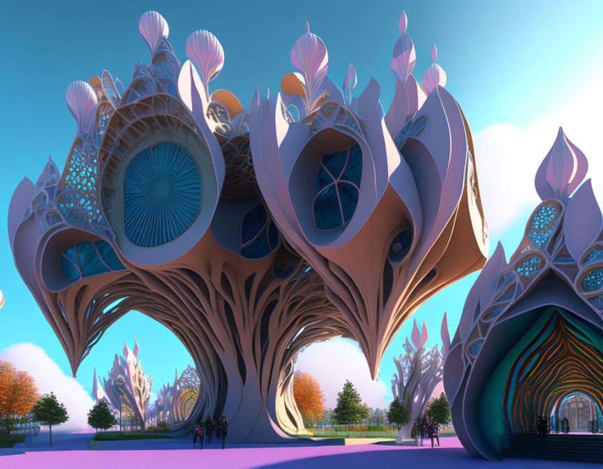 Intricate organic-shaped building with peacock-like motifs under blue sky