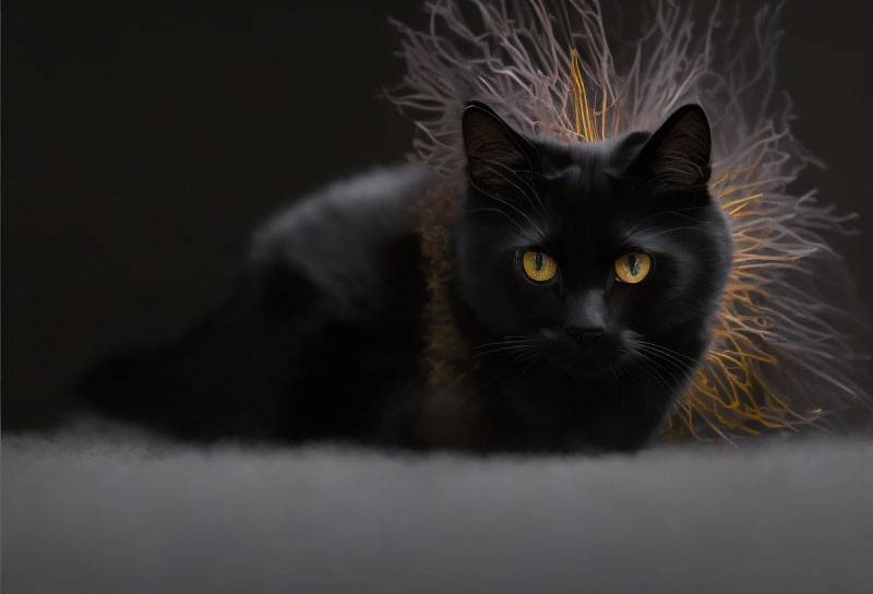 Striking black cat with yellow eyes on dark background