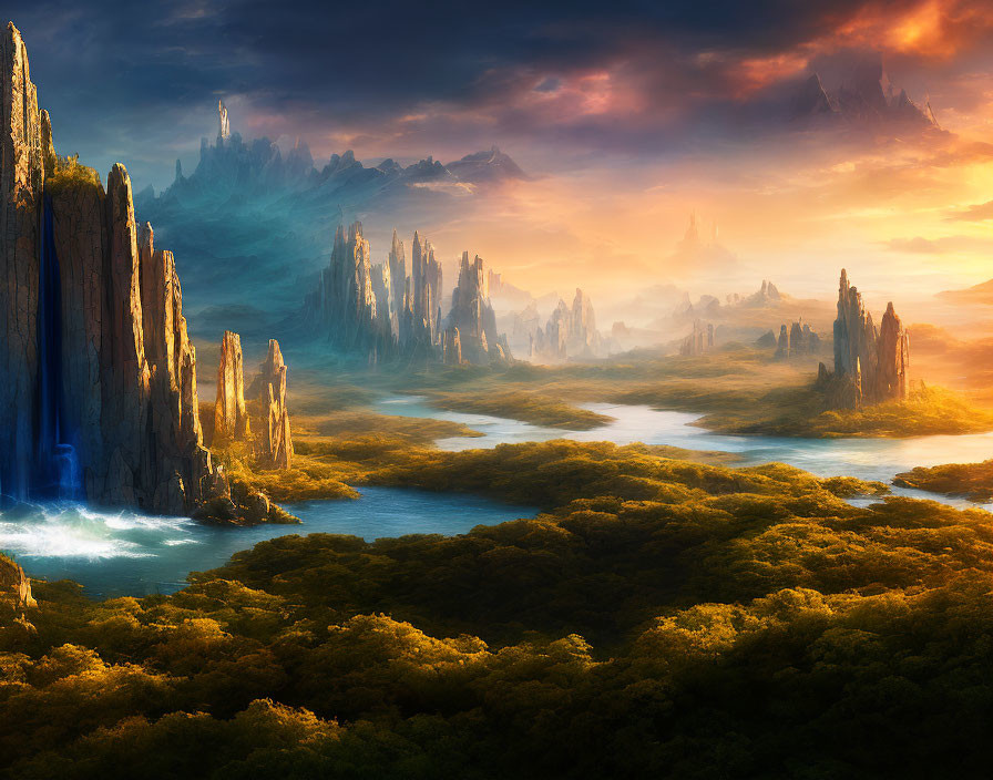 Majestic fantasy landscape with spires, forest, river, and warm sky