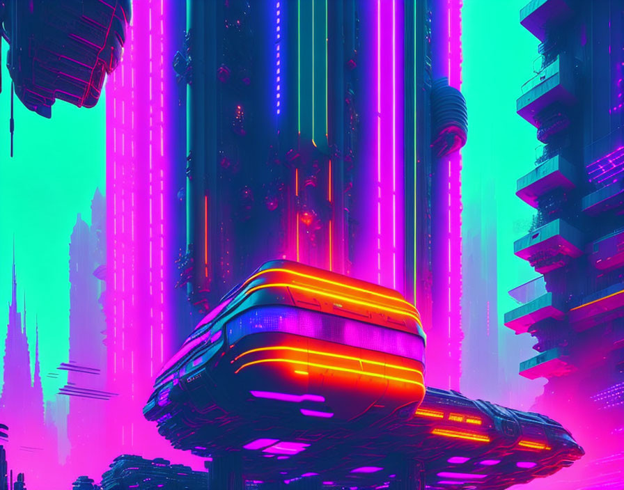 Futuristic neon-lit cityscape with skyscrapers and flying vehicle in pink and blue sky