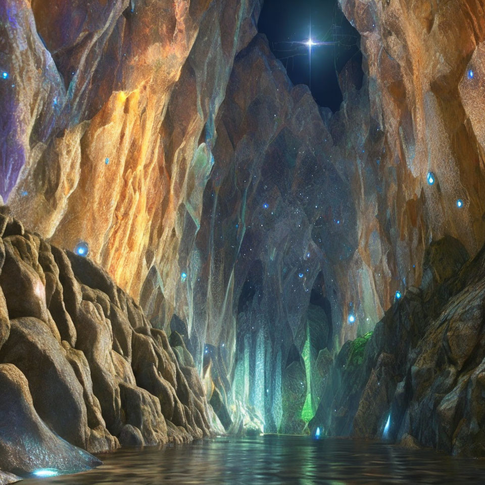 Mystical cavern with iridescent walls and tranquil water surface