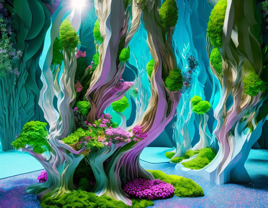 Fantastical forest with twisted pastel trees and glowing blue foliage