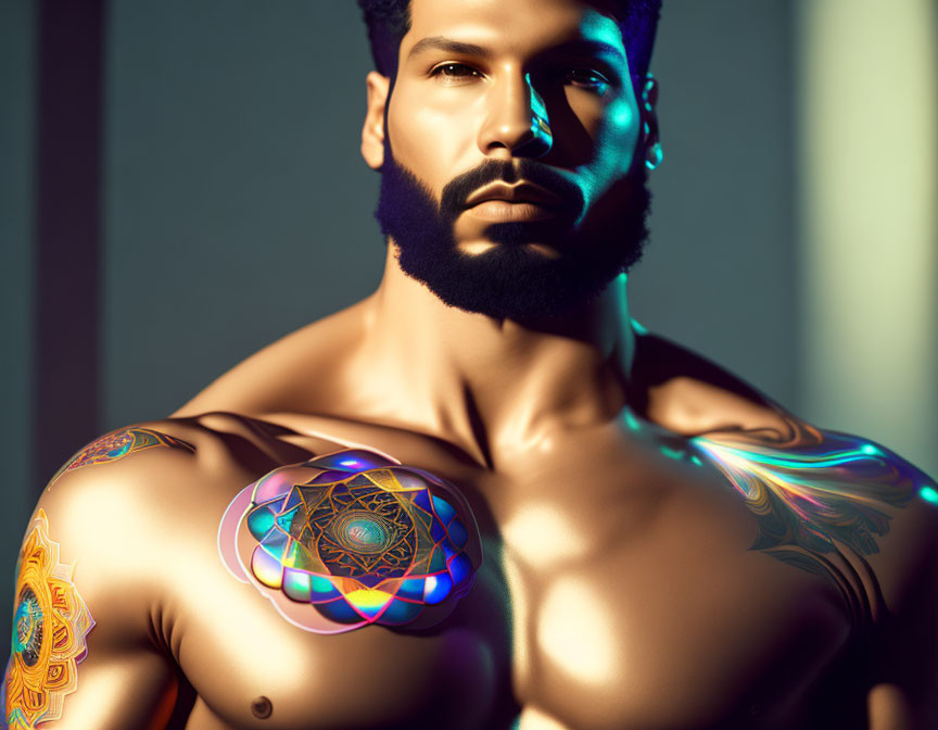 Muscular man with elaborate beard and glowing tattoos in digital artwork