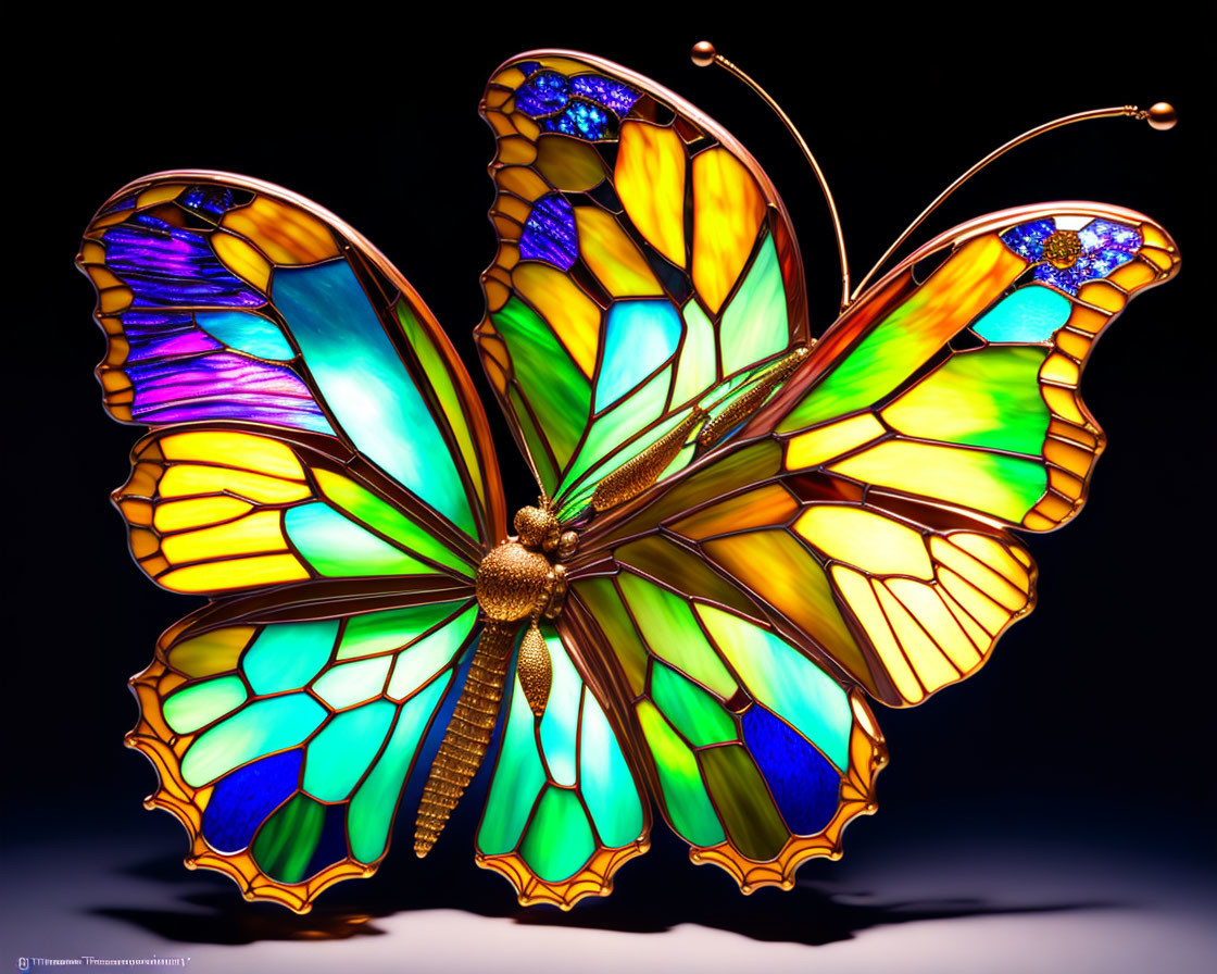 Colorful Stained Glass Butterfly with Intricate Patterns on Dark Background