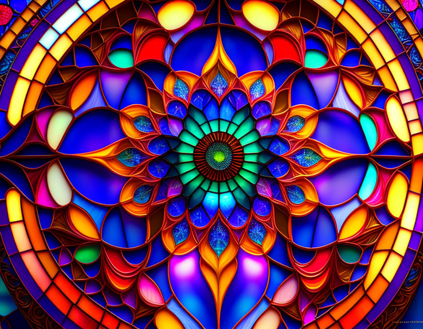 Colorful Stained Glass Window with Mandala-Like Design and Intricate Patterns