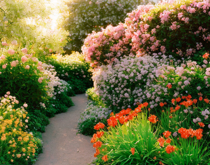 Tranquil garden path with vibrant blooming flowers