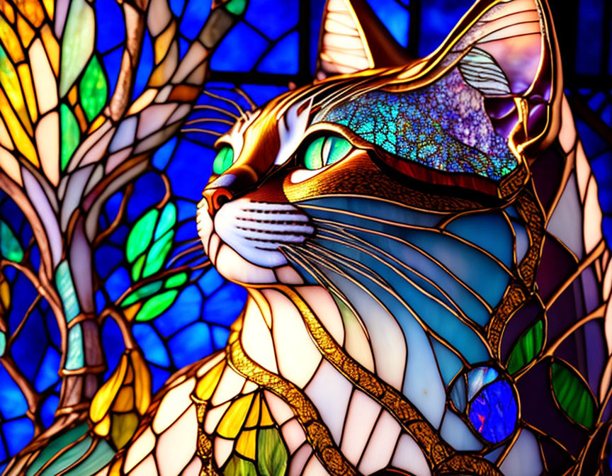 Colorful Stained Glass Cat Artwork on Blue and Purple Background