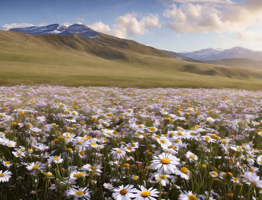 Scenic landscape with blooming daisies, green hills, and snowy mountains