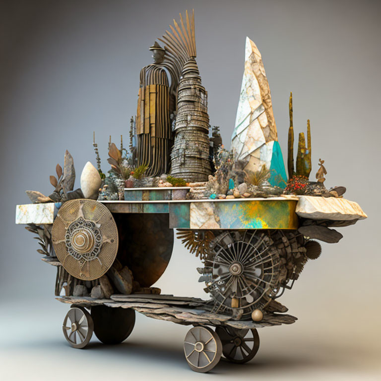 Whimsical wheeled cart sculpture with nature-inspired elements