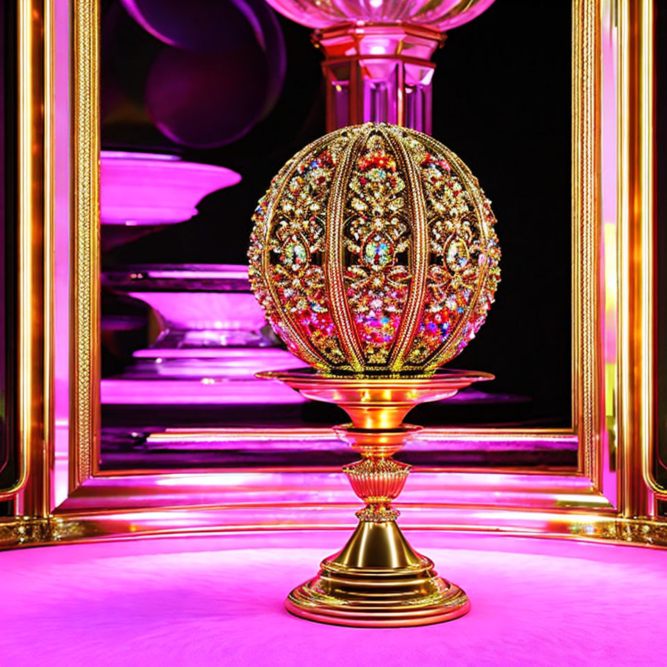 Jeweled egg on gold stand against neon-lit backdrop