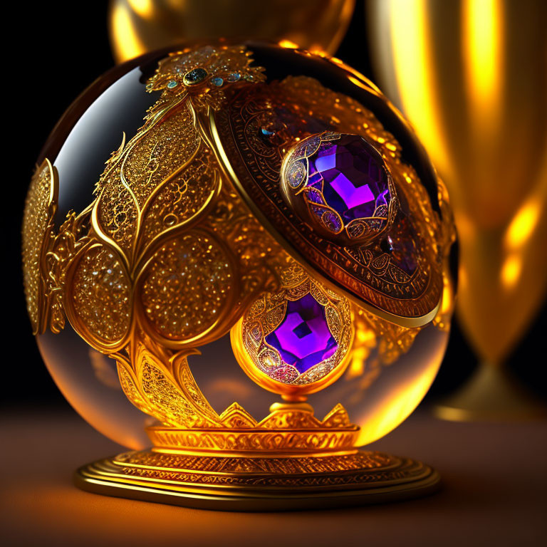 Intricate golden sphere with purple gemstones on dark background