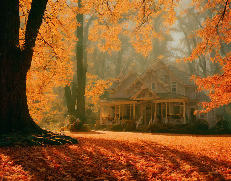 Cozy house with porch surrounded by autumn trees and orange leaves