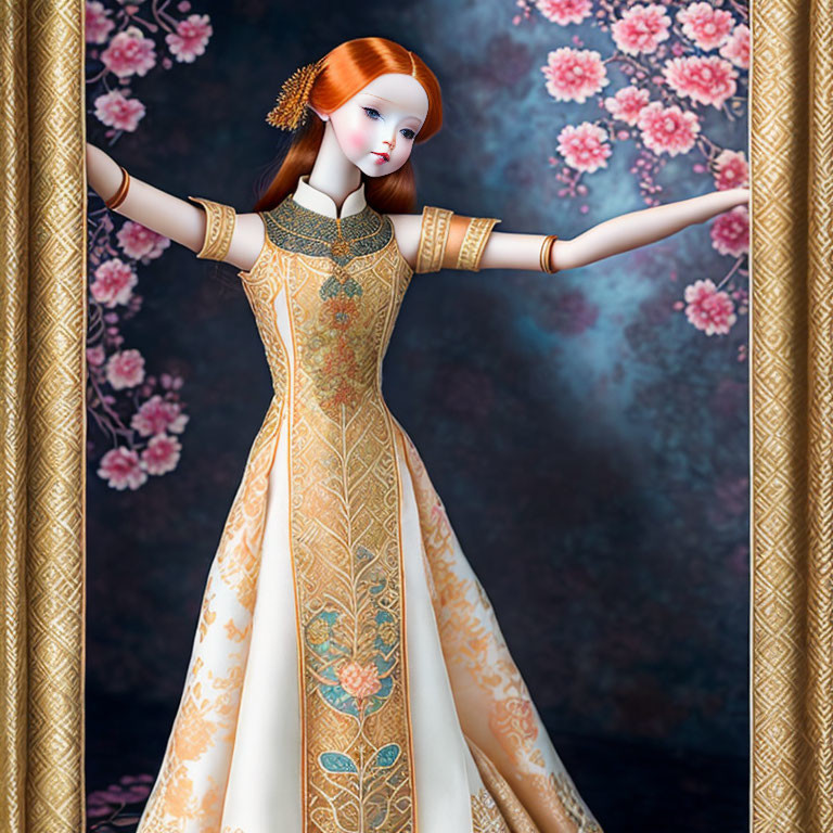 Porcelain doll in ornate gown against floral backdrop