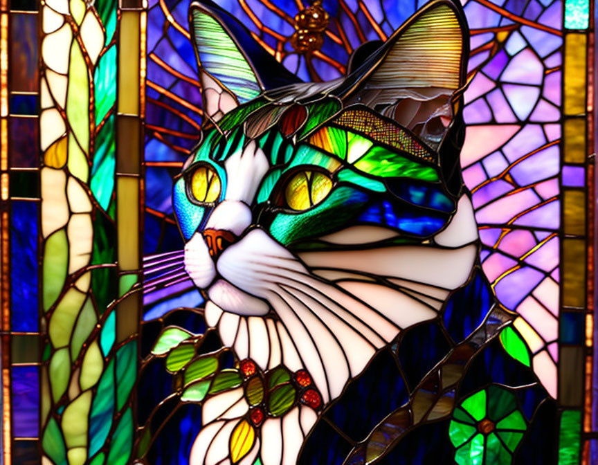 Colorful Stained Glass Artwork of Cat and Flowers