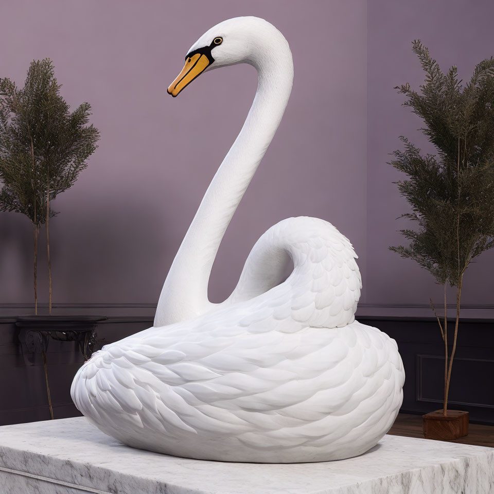 White Swan Sculpture with Orange Beak and Black Eyes on Neutral Background