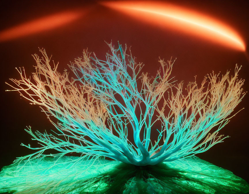 Turquoise Glowing Coral-Like Structure with Branching Patterns