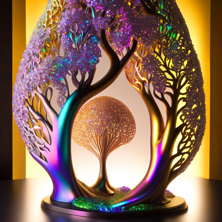 Multicolored LED-lit 3D-printed tree sculpture on warm backdrop