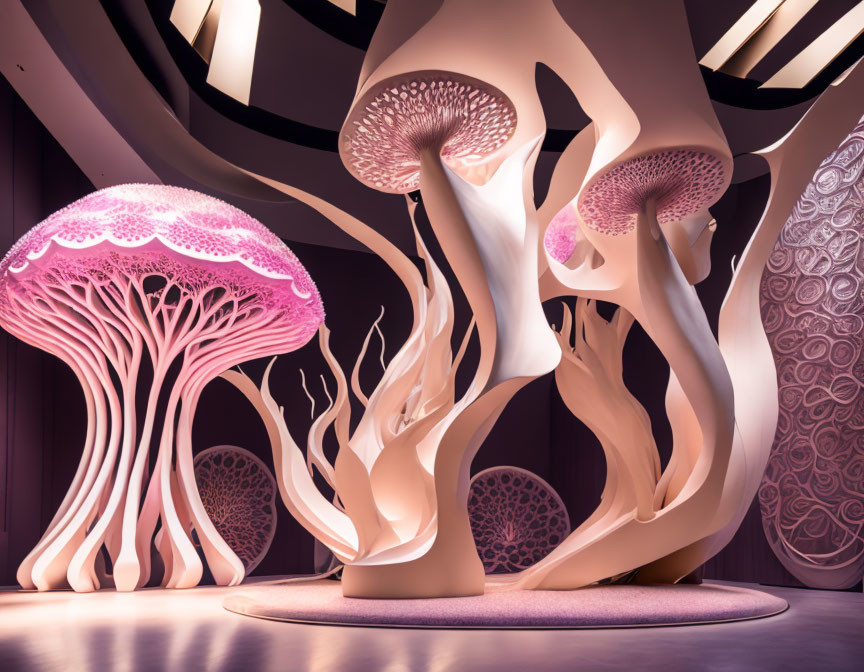 Artistic Mushroom Sculptures in Warm Pink Lighting