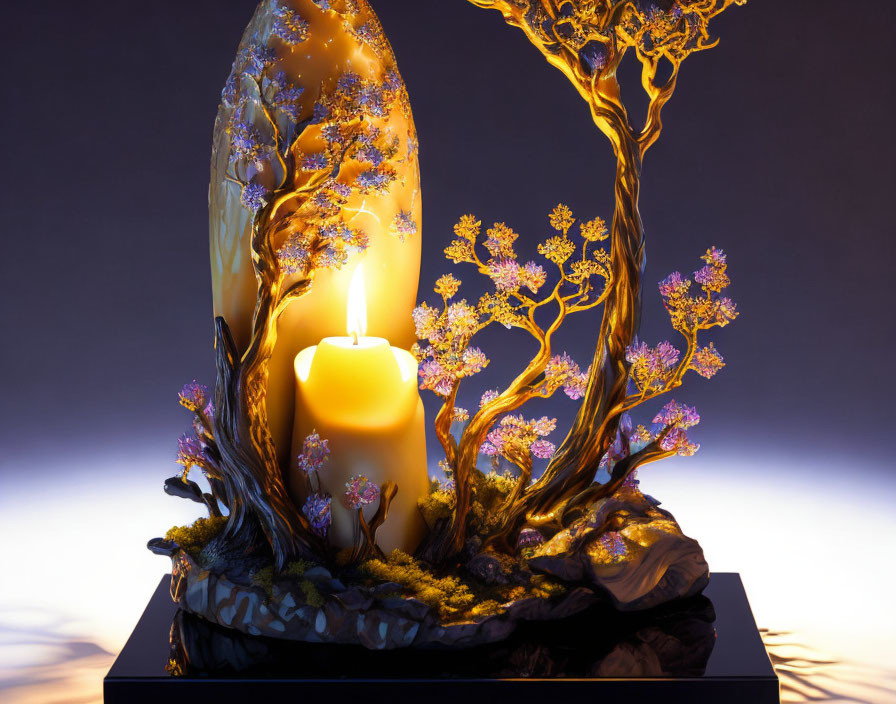 Vibrant golden tree candle with purple gems and intricate roots