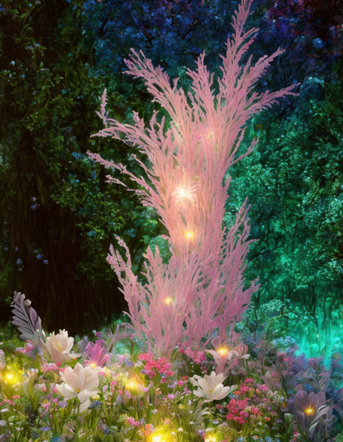 Enchanting night garden with pink glowing tree & colorful flowers