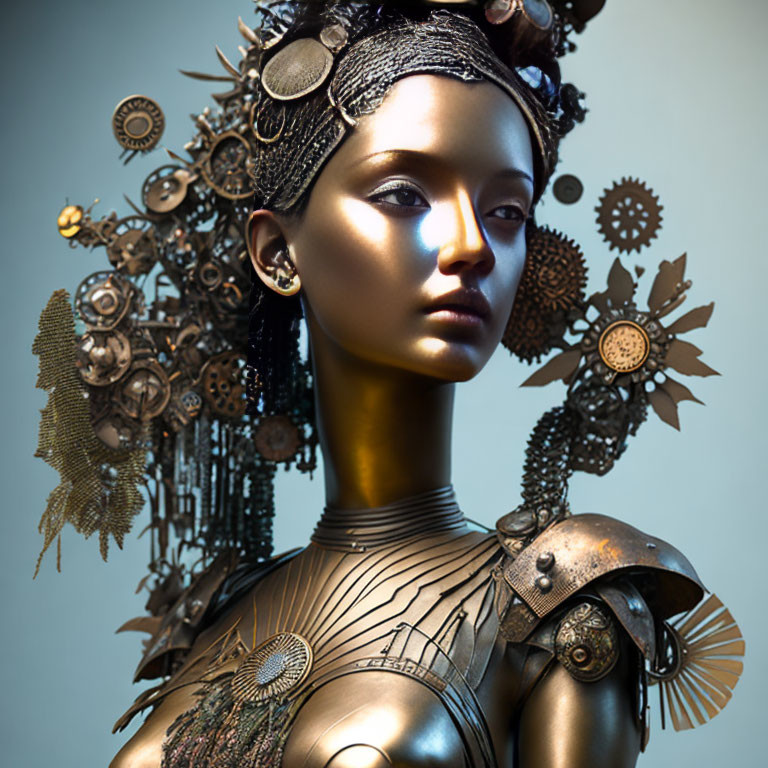 Futuristic female figure with metallic skin and steampunk headdress