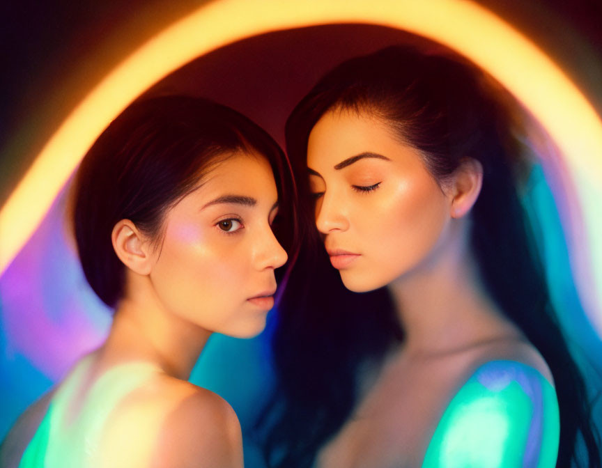 Ethereal glow: Two women with colorful aura and halo ring