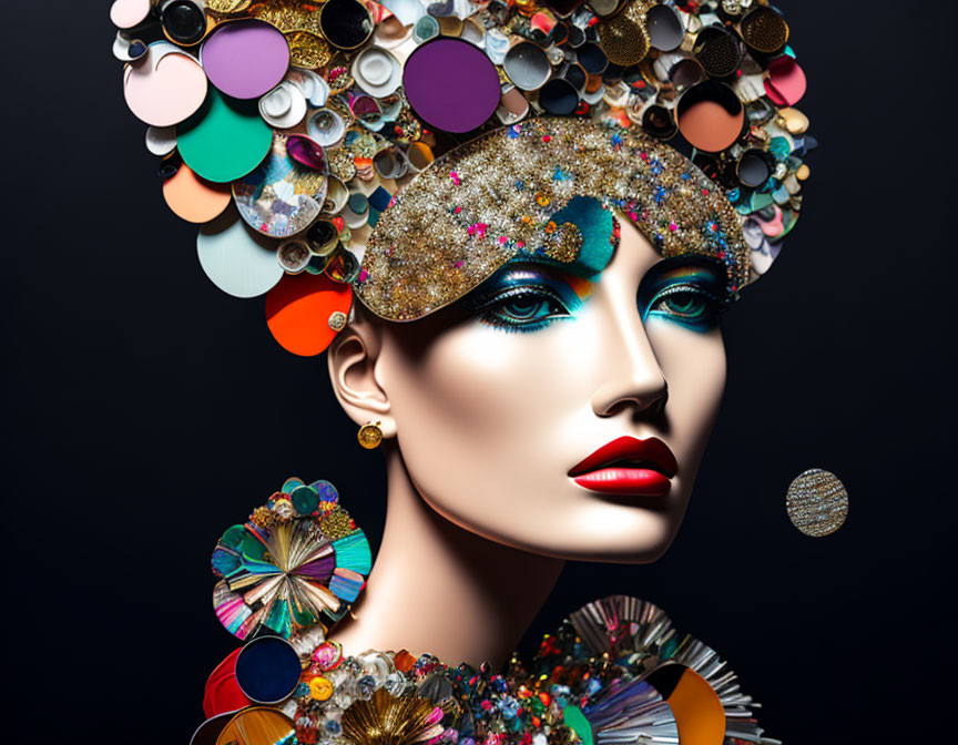 Artistic Makeup and Colorful Disk Headdress on Mannequin Head