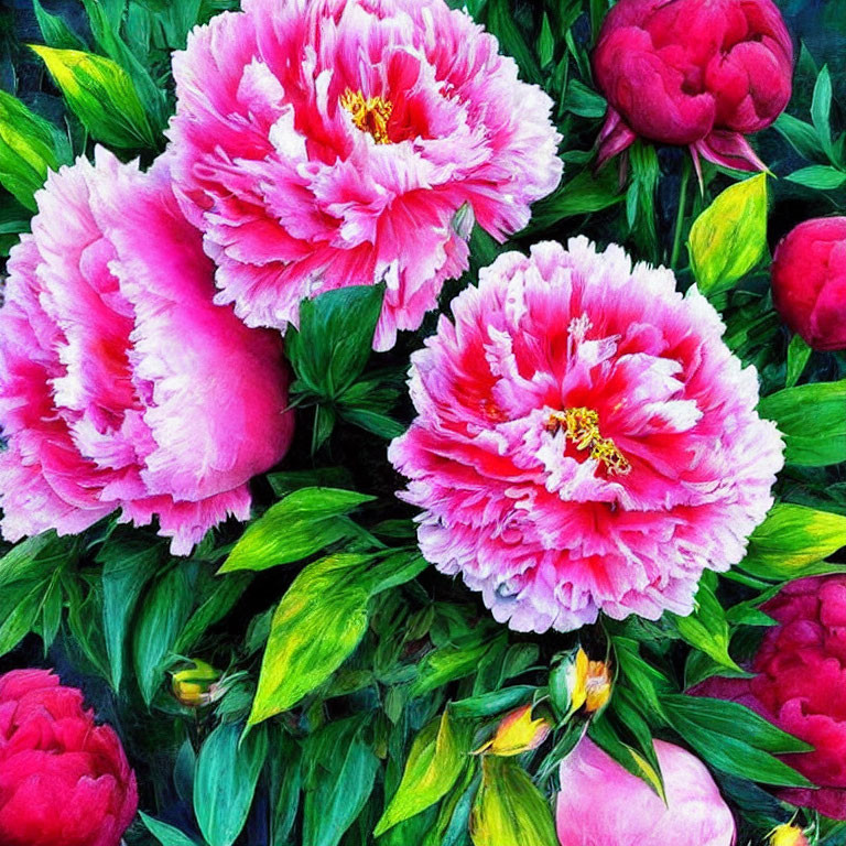 Pink Peonies with Lush Green Foliage and Golden Centers