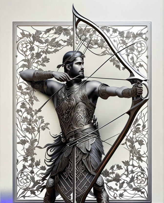 Muscular archer in ancient armor aiming bow against floral backdrop