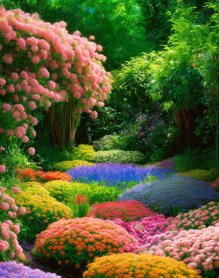 Colorful Flower Garden with Pink, Orange, Purple, and Blue Blooms