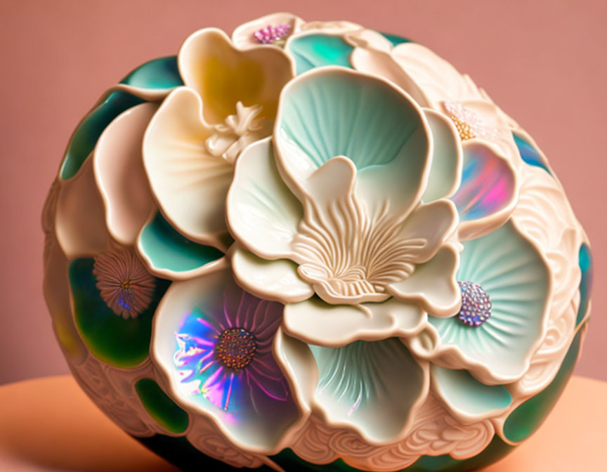 Porcelain orb with intricate floral patterns in soft pastel colors