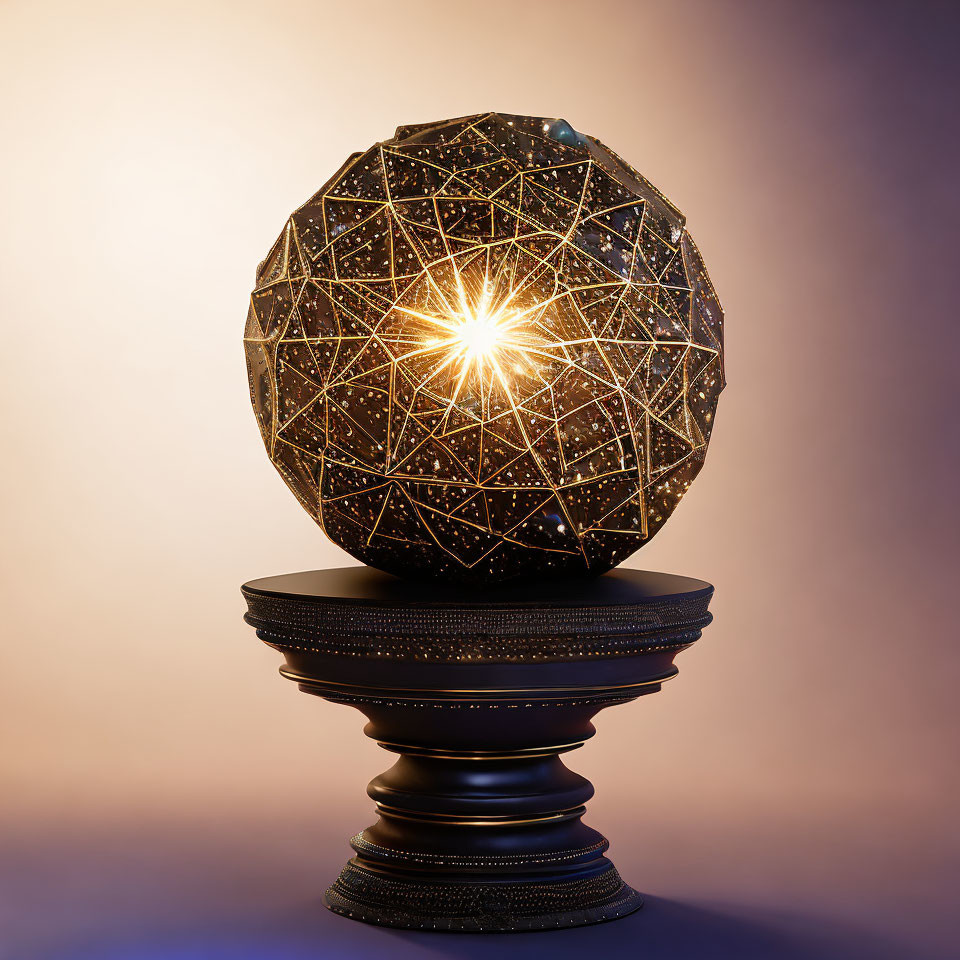 Geometric-patterned spherical object emitting light on ornate pedestal