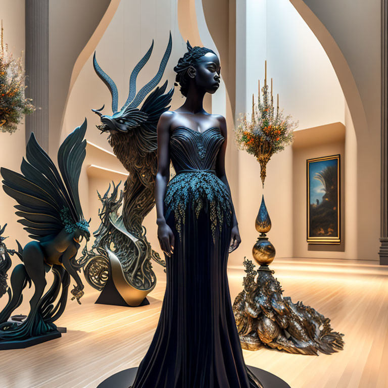 Sophisticated art gallery display: Elegant black dress on mannequin with winged details