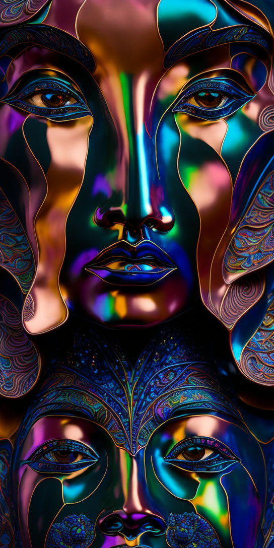 Colorful Psychedelic Artwork: Stylized Faces in Iridescent Palette