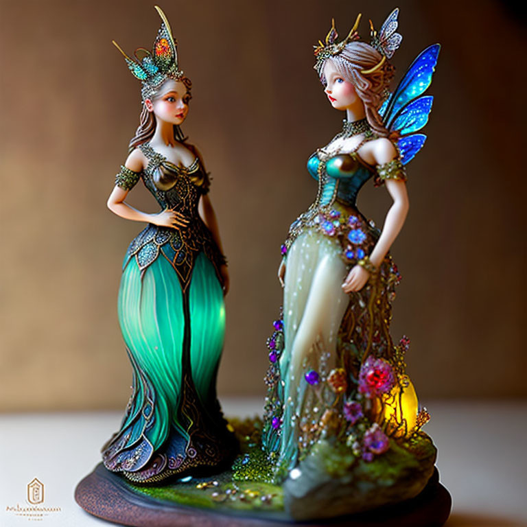 Intricately detailed fairy figurines on wooden base with flowers