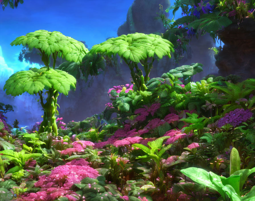 Colorful Fantasy Jungle with Umbrella-Shaped Trees & Rock Formations