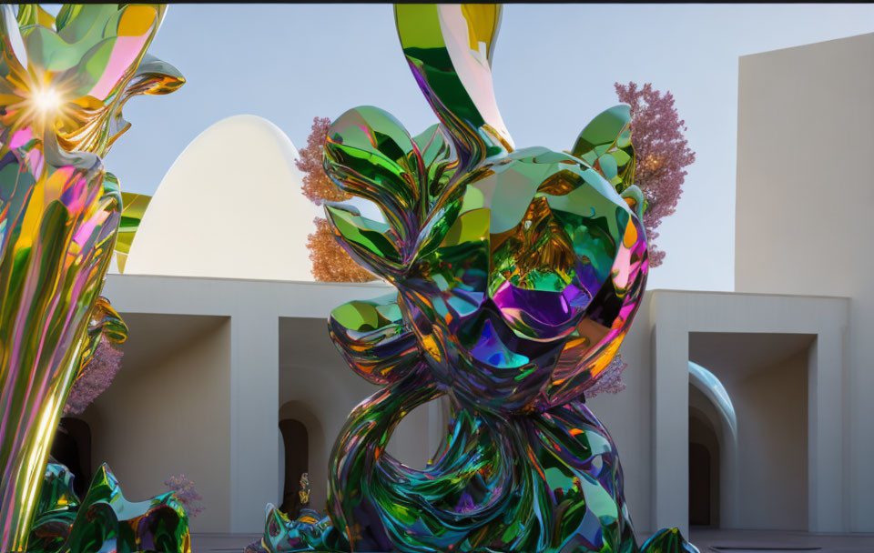 Iridescent twisted leafy sculpture in courtyard with archways