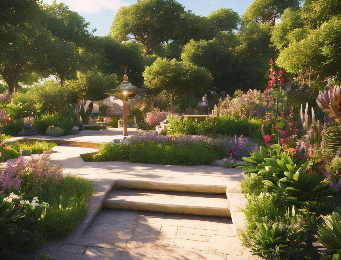 Tranquil garden with lush green trees, colorful flowers, stone pathways, steps, and fountain