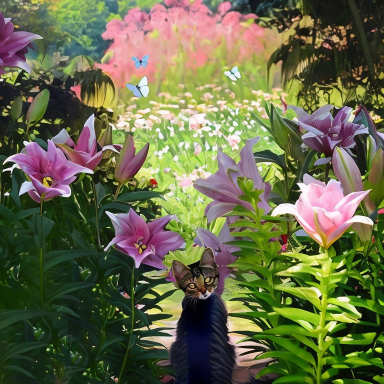 Cat in vibrant flower garden with butterflies and trees: serene fairytale scene