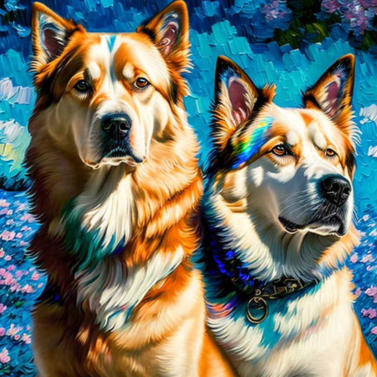 Color-enhanced dogs against blue floral background: vibrant and textured.