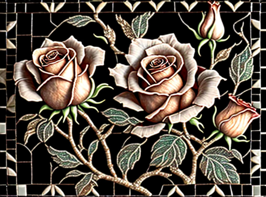 Detailed Earth-Toned Rose Mosaic on Black Checkered Background