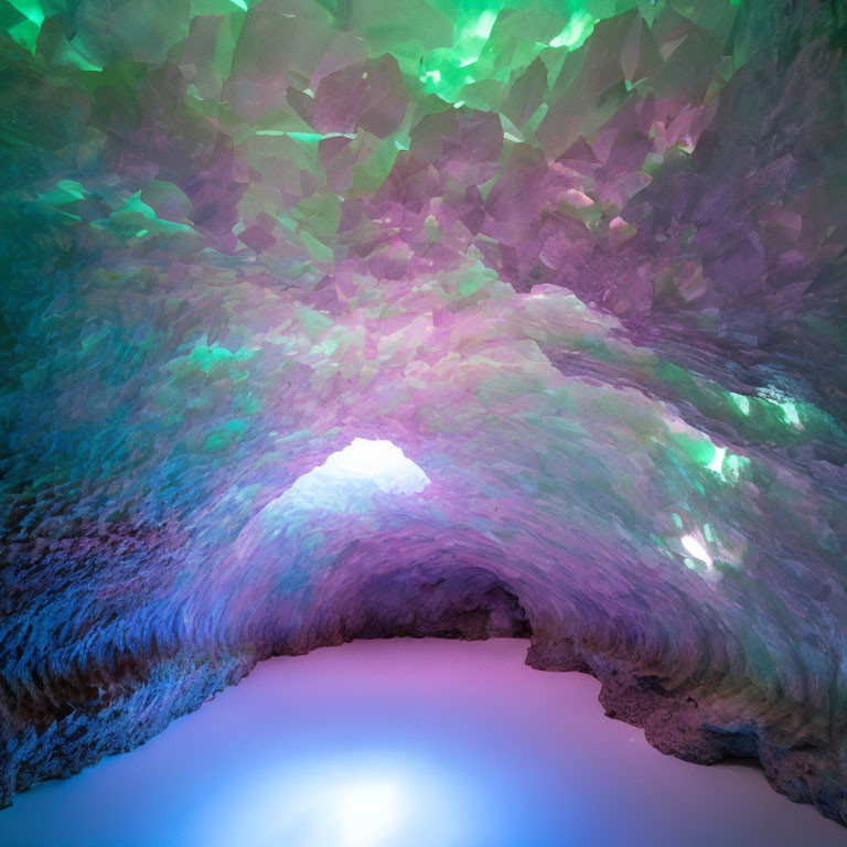 Ethereal cave with iridescent walls and glowing water pool