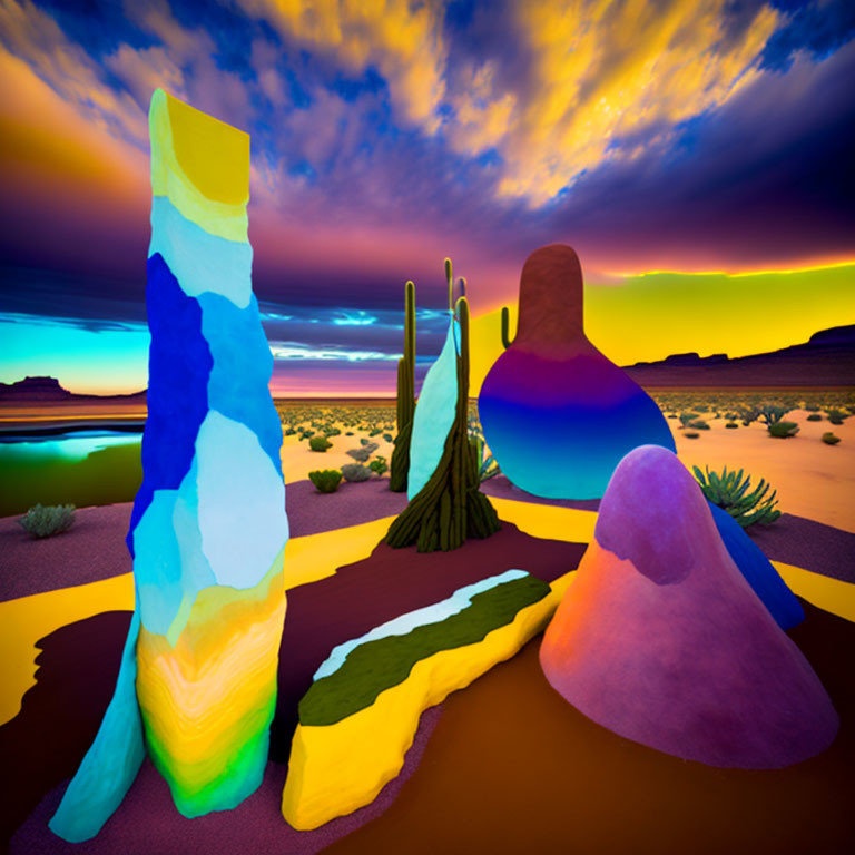 Colorful digital artwork: layered geological formations and cacti under sunset sky