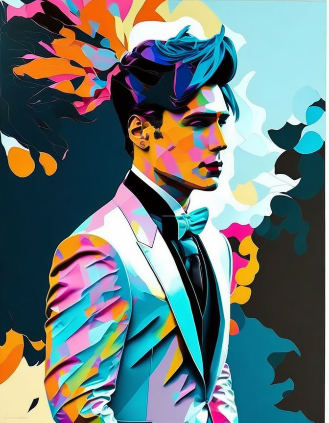 Colorful portrait with modern hair and suit on abstract background