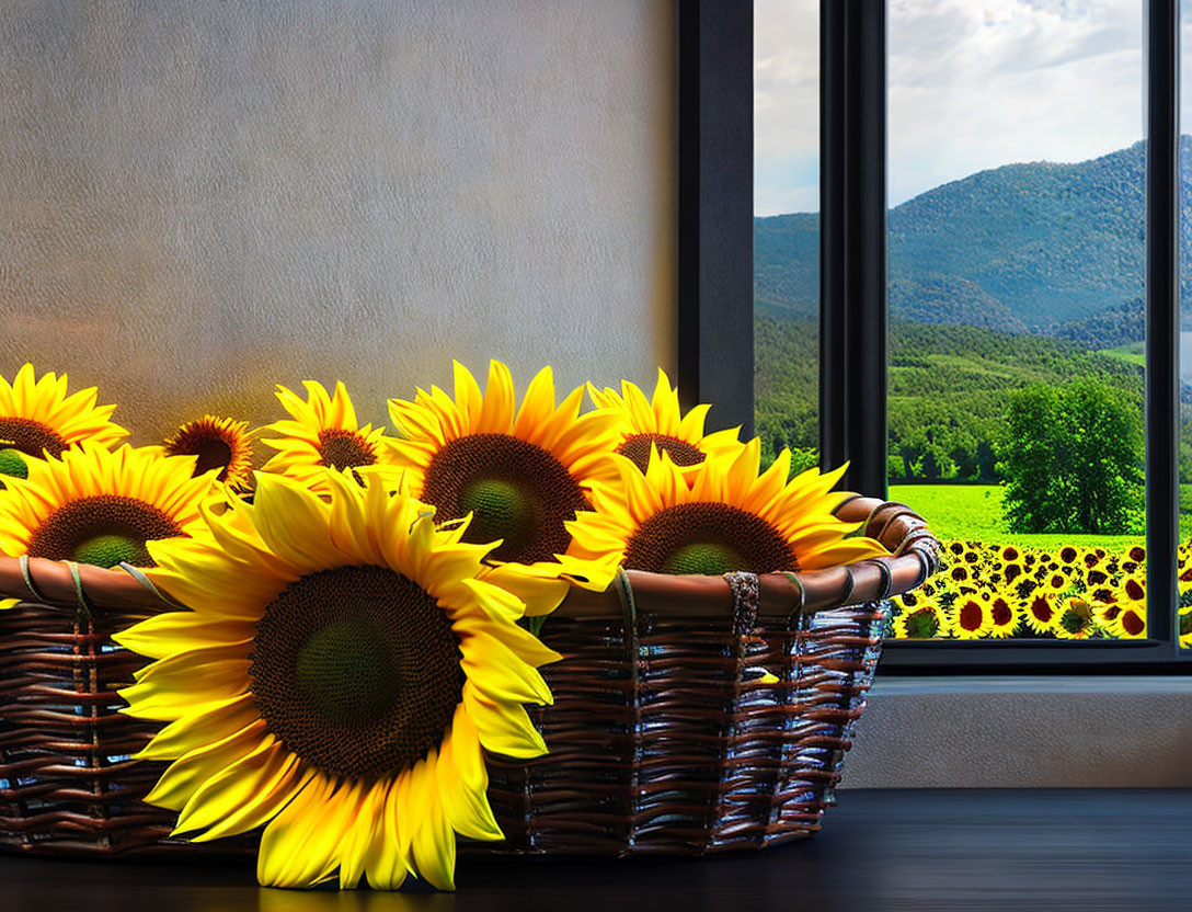 Sunflower Fields and Mountain View Room with Basket of Sunflowers