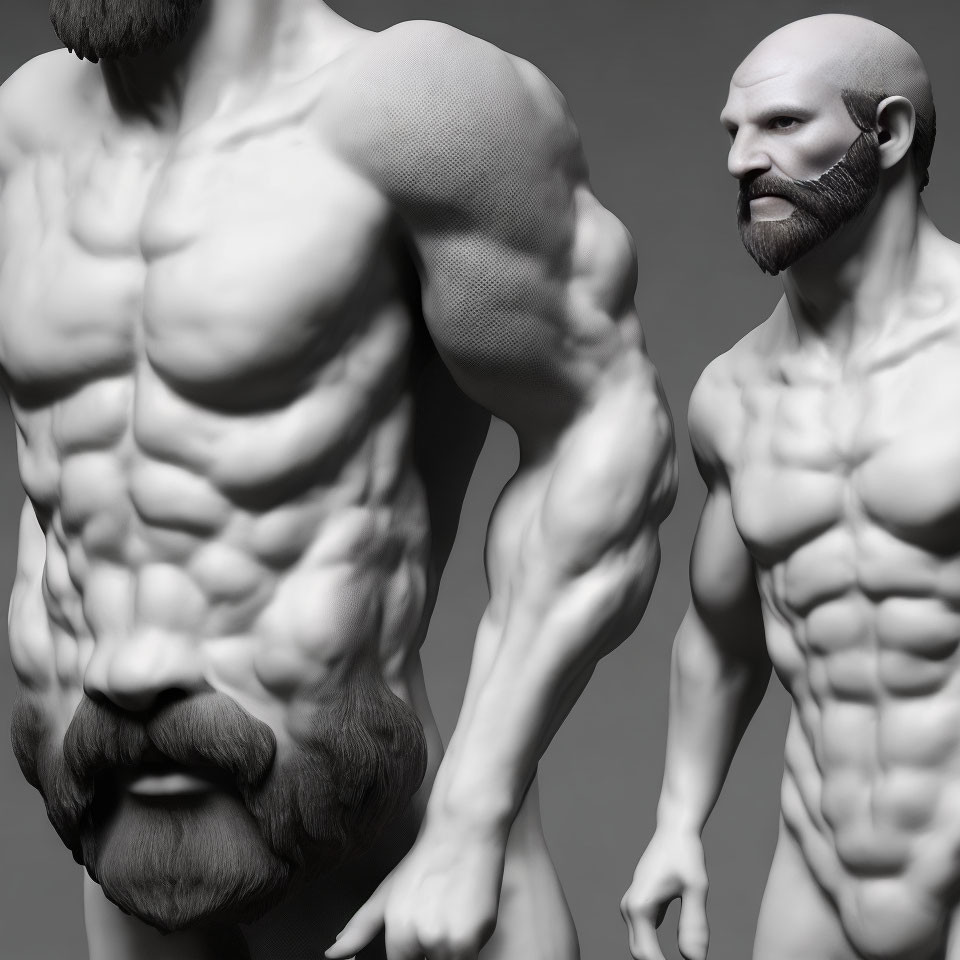 Detailed 3D modeled characters with beards and focused expressions on gray backdrop