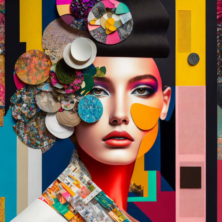 Colorful abstract collage of a woman's face with graphic elements and textured patterns